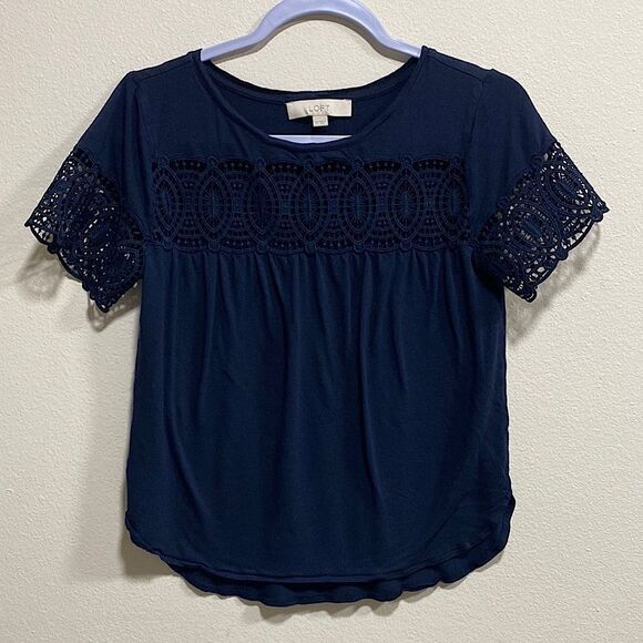 LOFT Navy Crochet Lace Yoke Short Sleeve Blouse XS Boho Feminine Top - Picture 3 of 12